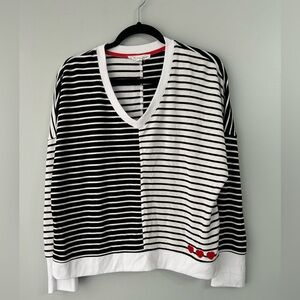Jane & Delancey Womens medium Black/White Striped V-Neck Sweater w/Heart Accents